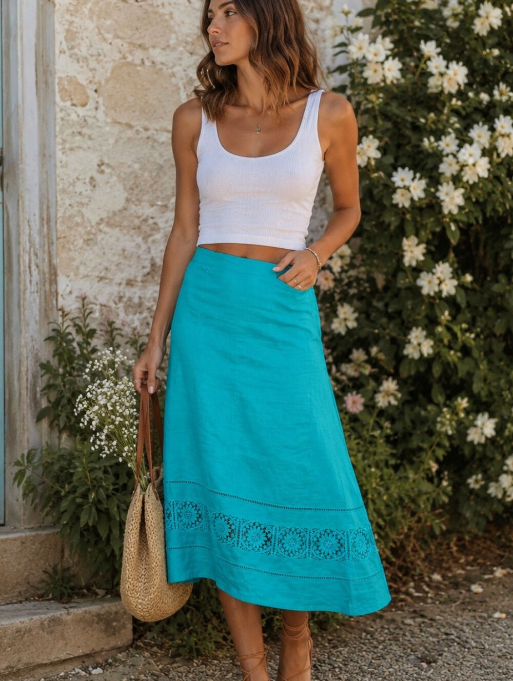 EY Signature 100% Linen Midi Skirt Size L Aqua Teal Eyelet Hem Boho Cottagecore